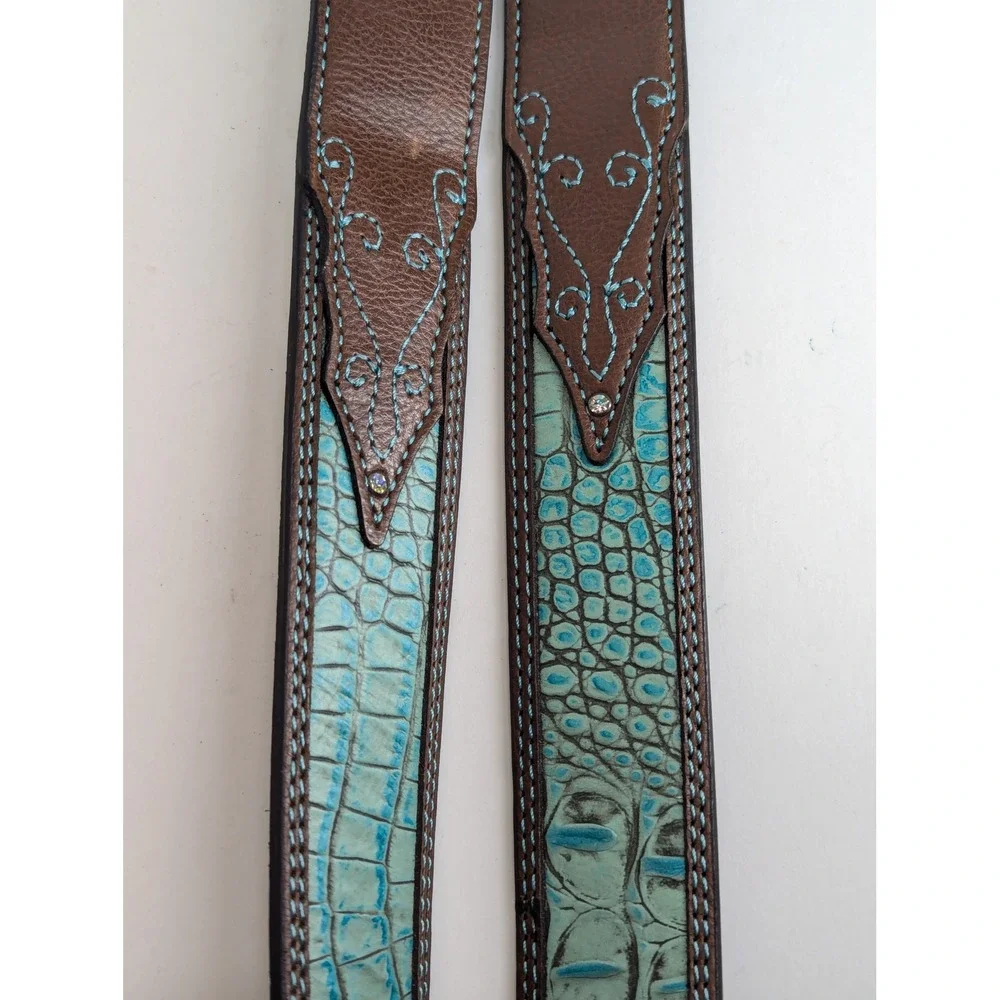 Roper Western Belt Brown Leather Turquoise Croc Rhinestone Buckle XL 8485790